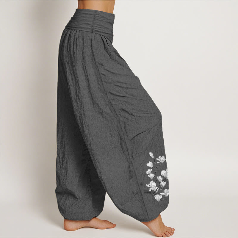 Buddha Stones Pure Cotton Minimalist Style Magnolia Flower Pattern Women's Elastic Waist Harem Pants - image 10