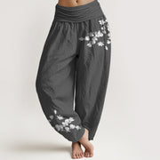 Foviel reine Baumwolle minimalistischen Stil Magnolia Blumenmuster Damen elastische Taille Harem Hose