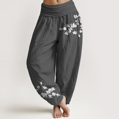 Buddha Stones Pure Cotton Minimalist Style Magnolia Flower Pattern Women's Elastic Waist Harem Pants - DimGray - US16，UK/AU20，EU48 (3XL) - image 8