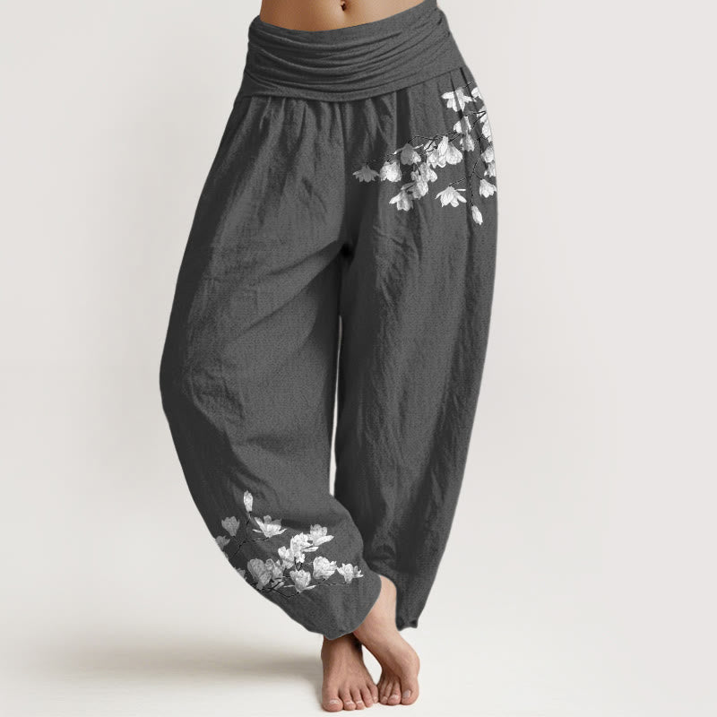 Buddha Stones Pure Cotton Minimalist Style Magnolia Flower Pattern Women's Elastic Waist Harem Pants - DimGray - US16，UK/AU20，EU48 (3XL) - image 8
