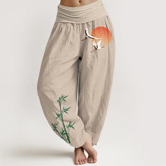 Buddha Stones Pure Cotton Elegant Sun Crane Bamboo Pattern Women's Elastic Waist Harem Pants - Tan - US16，UK/AU20，EU48 (3XL) - image 0