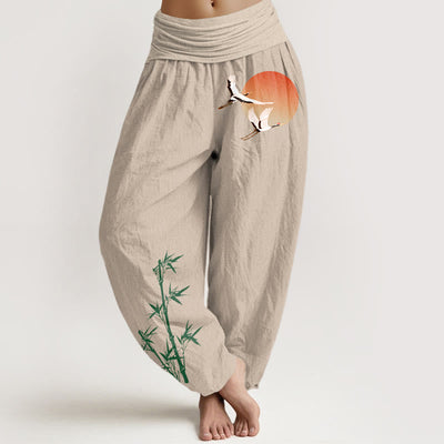 Buddha Stones Pure Cotton Elegant Sun Crane Bamboo Pattern Women's Elastic Waist Harem Pants - Tan - US16，UK/AU20，EU48 (3XL) - image 0