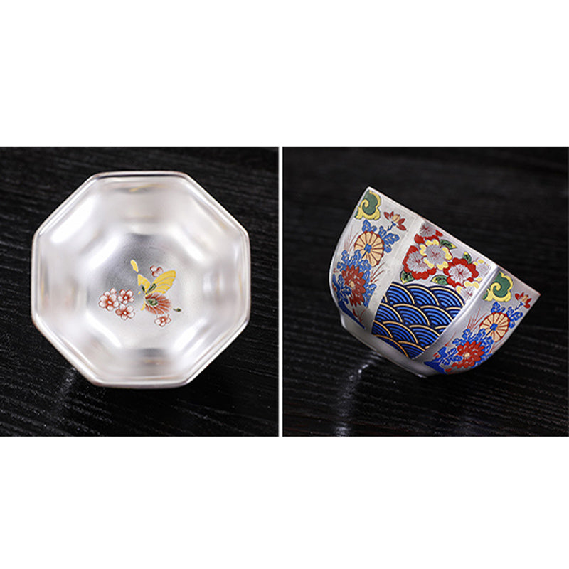 Buddha Stones 999 Sterling Silver Gilding Chrysanthemum Flowers Ceramic Teacup Kung Fu Tea Cup Cup BS 13