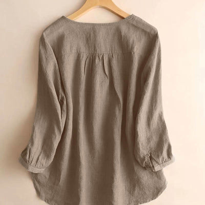 Buddha Stones Casual Plain Women's Hollow Crew Neck Design Three Quarter Sleeve Shirt - image 1