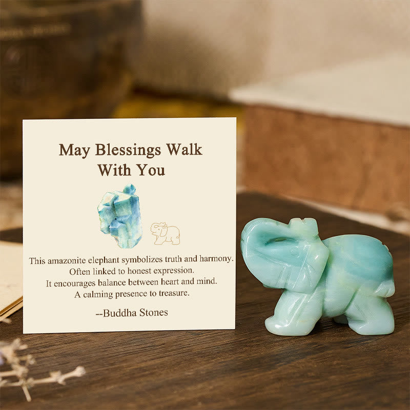 Buddha Stones ''May Blessings Walk With You'' Natural Small Elephant Amazonite Amethyst Jade Black Obsidian Stone Decoration Includes Gift Message Card - Amazonite 5*3.9*2.5cm - Standard Gift Box - image 0