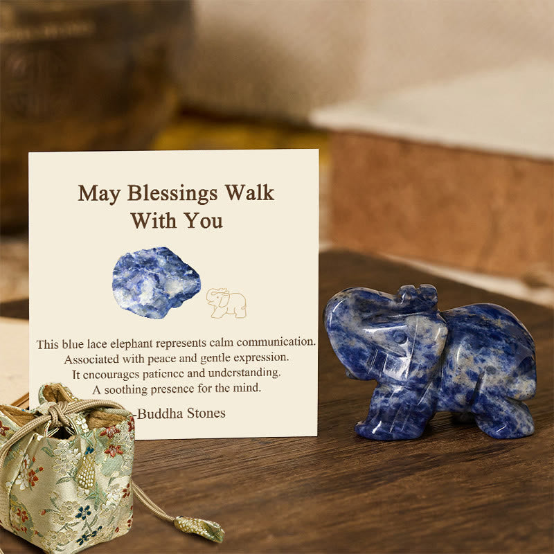 Buddha Stones ''May Blessings Walk With You'' Natural Small Elephant Amazonite Amethyst Jade Black Obsidian Stone Decoration Includes Gift Message Card - Sodalite 5*3.9*2.5cm - Standard Gift Box - image 65