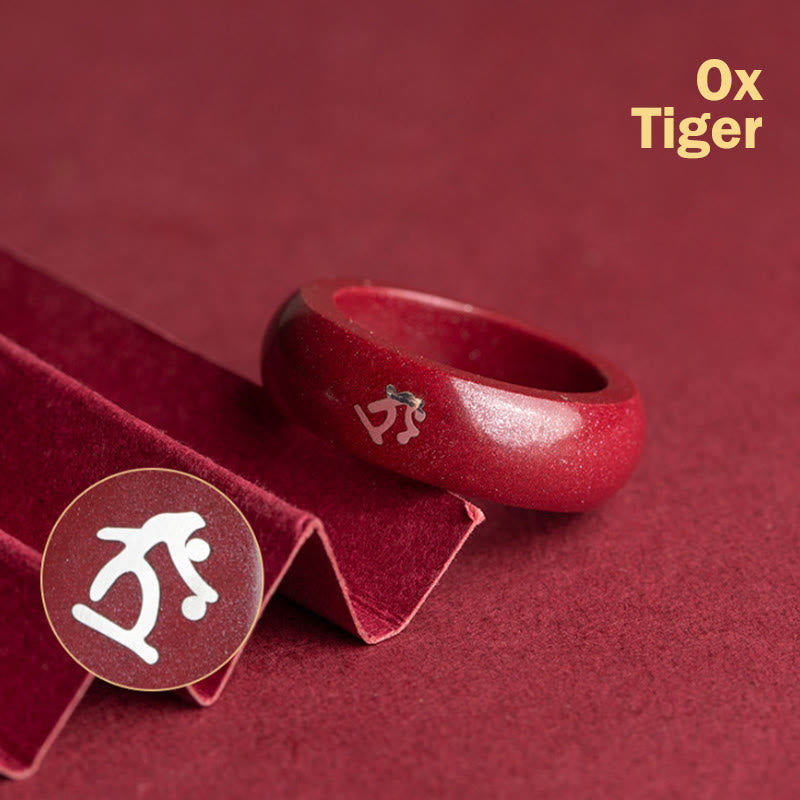 Buddha Stones Chinese Zodiac Year Of The Horse Cinnabar Blessing Ring - Cinnabar Ox Tiger - 22mm - image 4