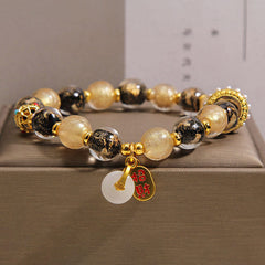 Buddha Stones Black Gold Liuli Glass Bead Attracts Wealth Peace Buckle Blessing Bracelet - 14-16cm - image 0