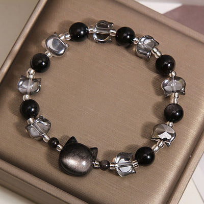 Buddha Stones Black Obsidian Cat Head Purification Strength Bracelet - image 4