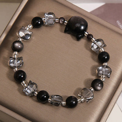 Buddha Stones Black Obsidian Cat Head Purification Strength Bracelet - image 2