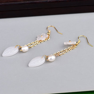 Buddha Stones Pearl White Flower Leaves Happiness Drop Earrings - image 4