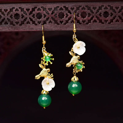 Buddha Stones Green Agate Bead White Flower Bird Power Drop Earrings - image 1