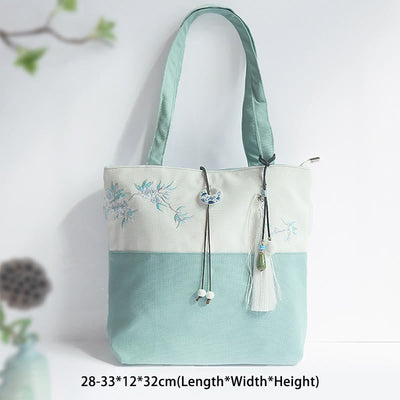 Buddha Stones Pear Flower Plum Peach Blossom Bamboo Embroidery Canvas Large Capacity Shoulder Bag Tote Bag - image 1