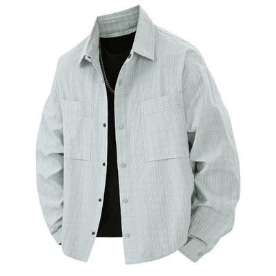 Buddha Stones Spring Solid Color Textured Long Sleeve Button Men's Lapel Shirts With Pocket - Azure - US/UK/AU46，EU56 (3XL) - image 9
