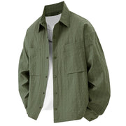 Foviel Spring Solid Color Textured Long Sleeve Button Men's Lapel Shirts With Pocket