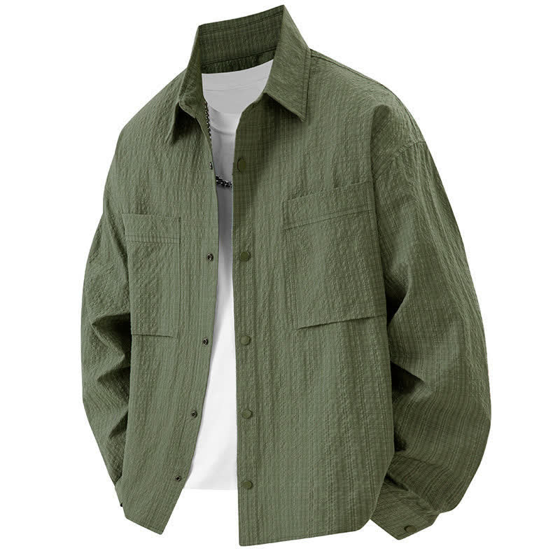 Buddha Stones Spring Solid Color Textured Long Sleeve Button Men's Lapel Shirts With Pocket - OliveDrab - US/UK/AU46，EU56 (3XL) - image 10
