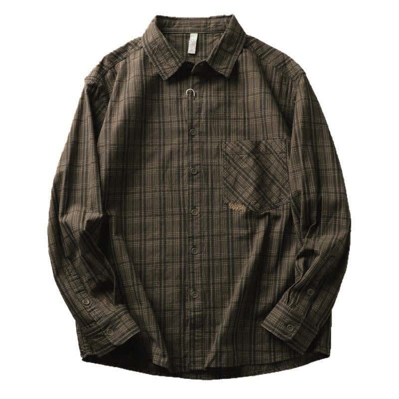 Buddha Stones Fall Commute Embroidery Plaid Pattern Men's Cotton Long Sleeve Shirts With Pocket - image 16