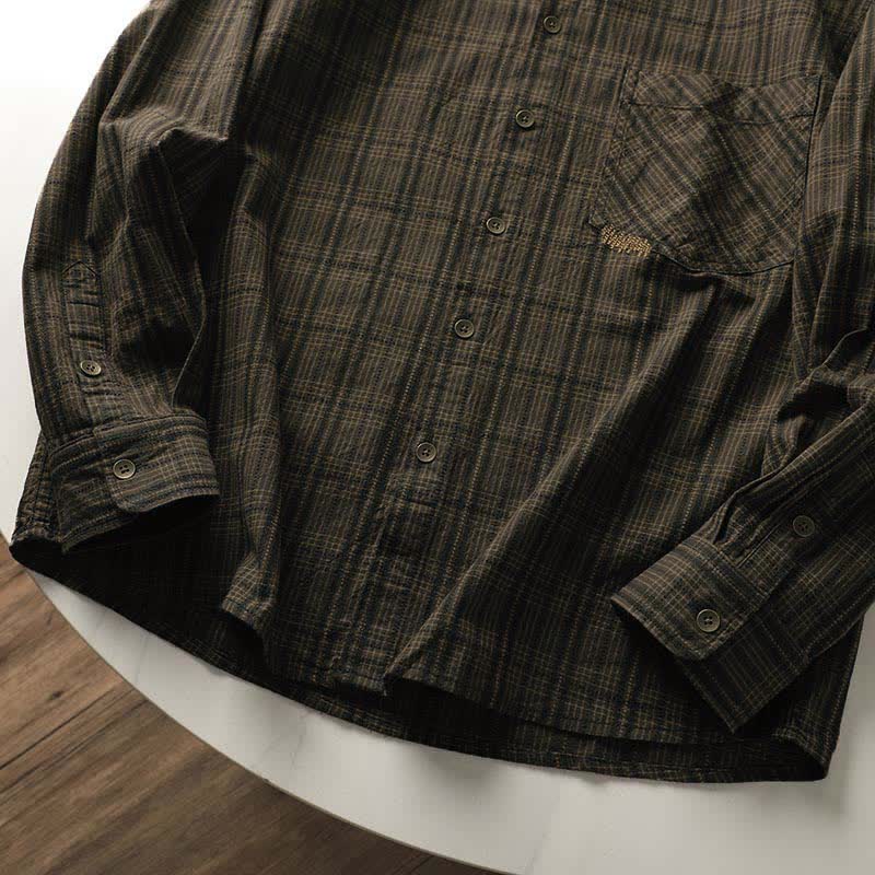Buddha Stones Fall Commute Embroidery Plaid Pattern Men's Cotton Long Sleeve Shirts With Pocket - image 9