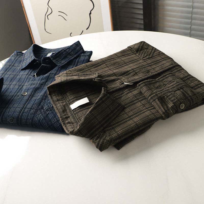 Buddha Stones Fall Commute Embroidery Plaid Pattern Men's Cotton Long Sleeve Shirts With Pocket - image 22