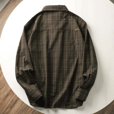 Buddha Stones Fall Commute Embroidery Plaid Pattern Men's Cotton Long Sleeve Shirts With Pocket - image 3