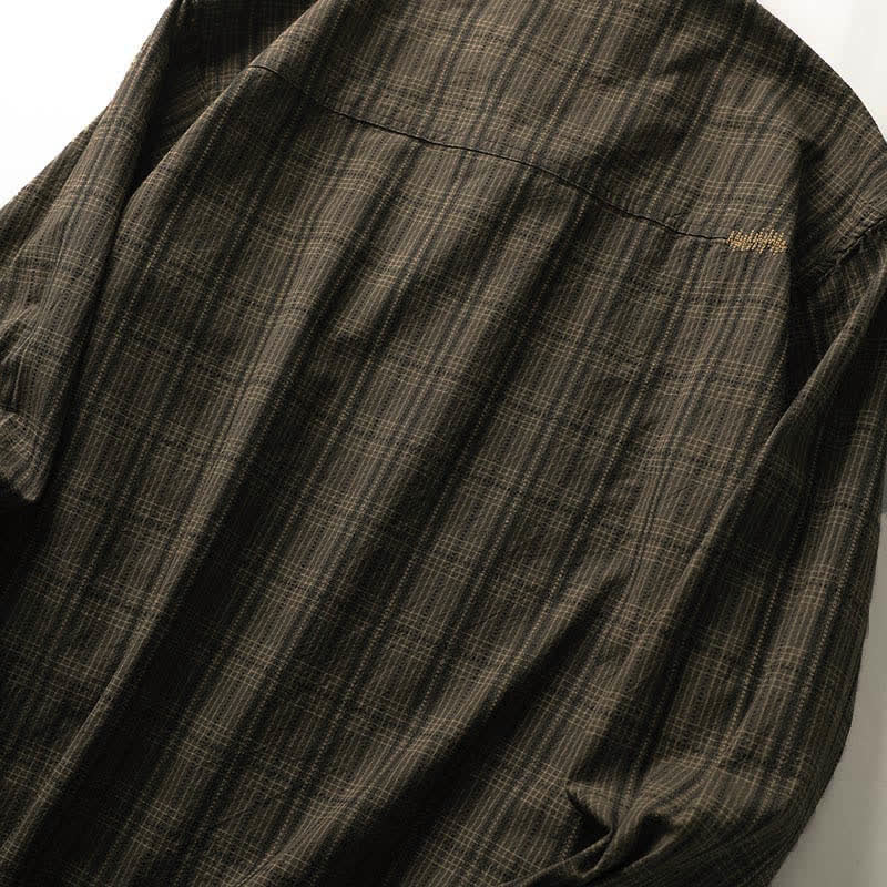 Buddha Stones Fall Commute Embroidery Plaid Pattern Men's Cotton Long Sleeve Shirts With Pocket - image 15