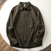 Foviel Fall Commute Embroidery Plaid Pattern Men's Cotton Long Sleeve Shirts With Pocket