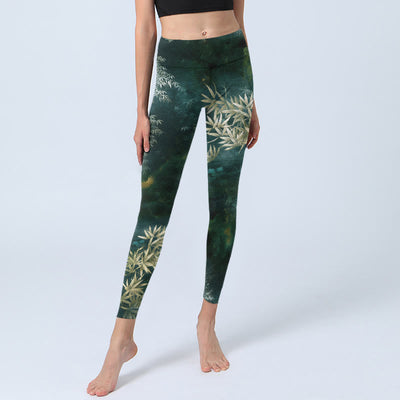 Buddha Stones Elegant Bamboo Leaf Pattern Print Gym Leggings Women's Yoga Pants - image 5