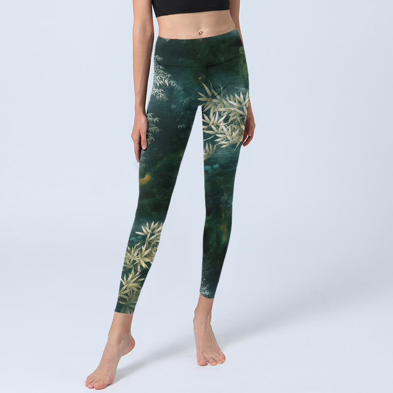 Buddha Stones Elegant Bamboo Leaf Pattern Print Gym Leggings Women's Yoga Pants - image 5