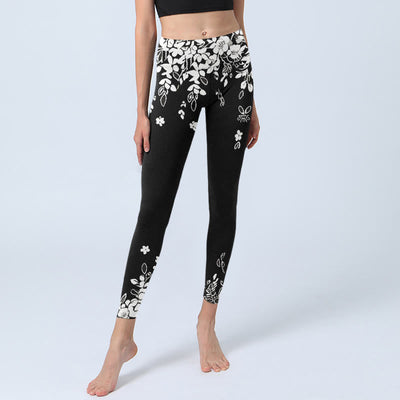 Buddha Stones Black White Contrast Flower Pattern Print Gym Leggings Women's Yoga Pants - image 5