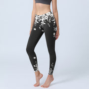 Foviel Schwarz Weiß Kontrast Blütenmuster Drucken Gym Leggings Damen Yogahosen