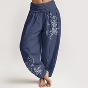 Foviel reine Baumwolle von Punkten verknotet Vine Blumenmuster Damen elastische Taille Harem Hose