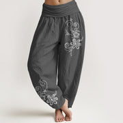 Foviel Pure Cotton Composed Of Dots Vine Flower Pattern Women's Elastic Waist Harem Pants