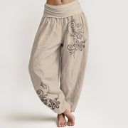 Foviel reine Baumwolle von Punkten verknotet Vine Blumenmuster Damen elastische Taille Harem Hose