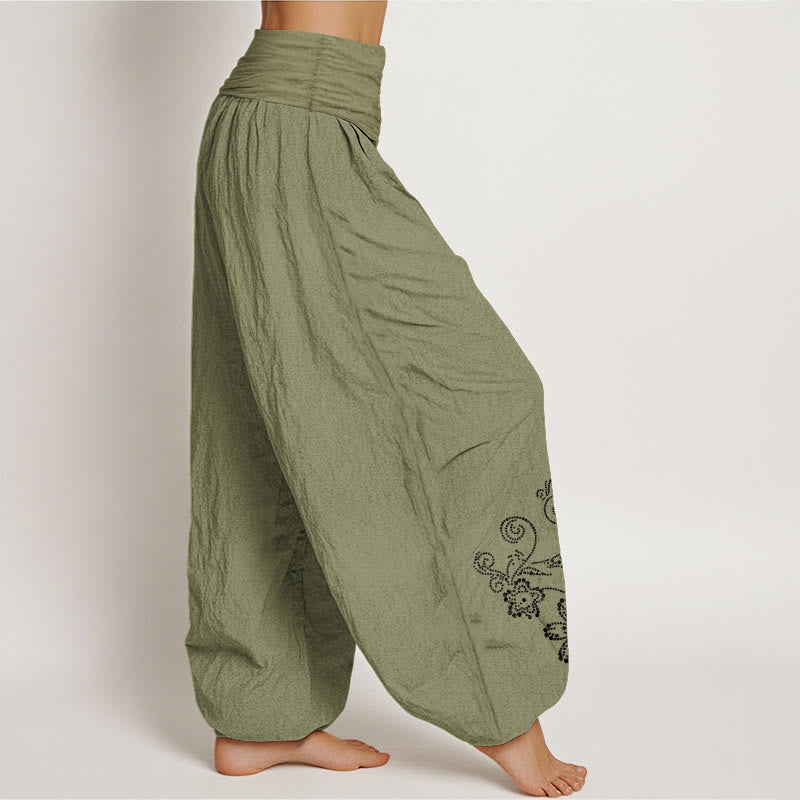 Buddha Stones Pure Cotton Composed Of Dots Vine Flower Pattern Women's Elastic Waist Harem Pants - image 16