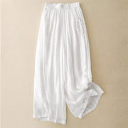 Foviel Side Embroidery Design Women's 7-8 Length Wide Leg Pants With Pockets