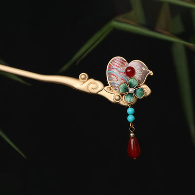 Buddha Stones Gourd Flower Pattern Red Agate Copper Calm Hairpin - image 2
