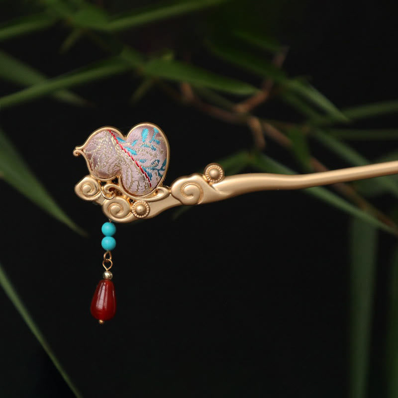 Buddha Stones Gourd Flower Pattern Red Agate Copper Calm Hairpin - image 7