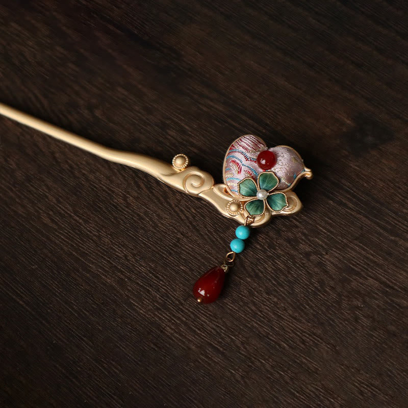 Buddha Stones Gourd Flower Pattern Red Agate Copper Calm Hairpin - image 4