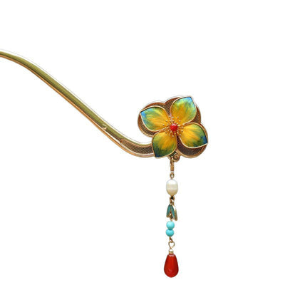 Buddha Stones Red Agate Turquoise Bead Calm Confidence Velvet Flower Tassel Hairpin - image 2