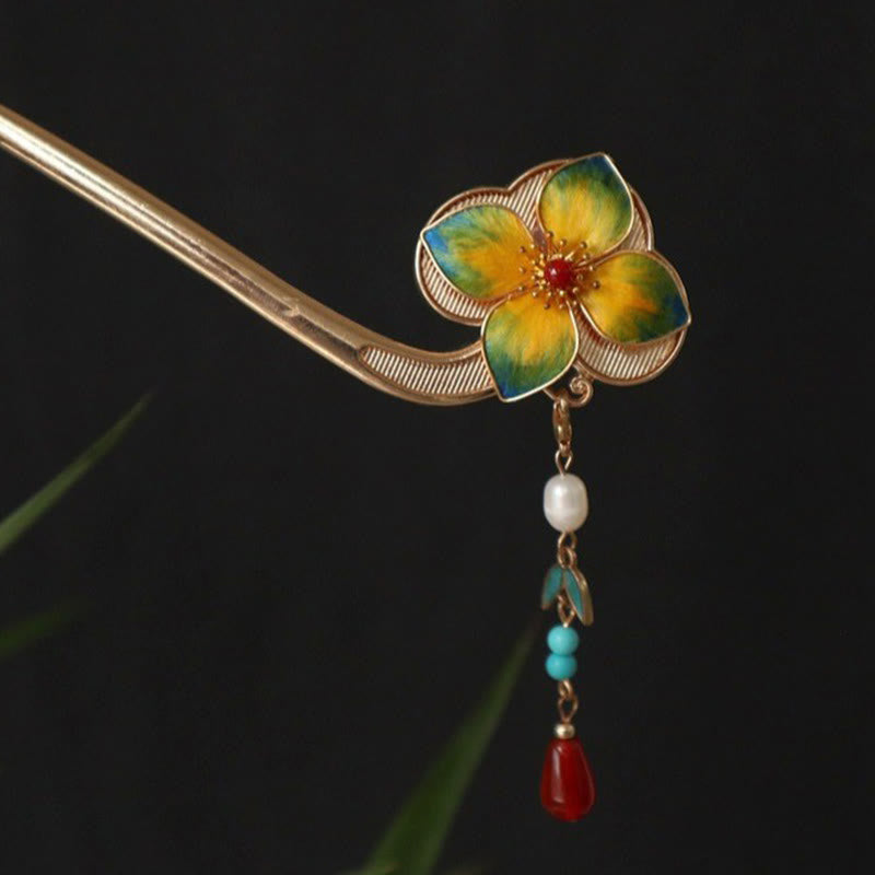 Buddha Stones Red Agate Turquoise Bead Calm Confidence Velvet Flower Tassel Hairpin - image 1