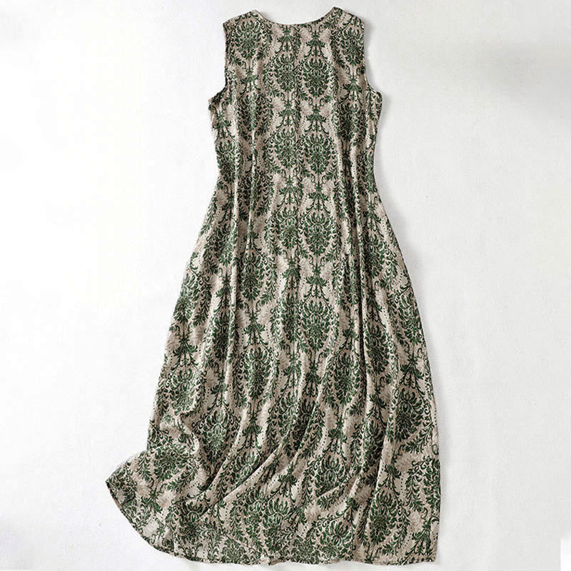 Buddha Stones Commute Summer Printing Simple Design Crew Neck Sleeveless Maxi Dress - image 2