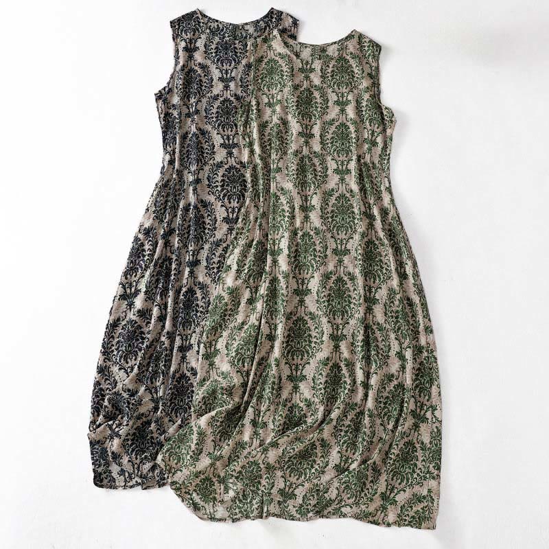 Buddha Stones Commute Summer Printing Simple Design Crew Neck Sleeveless Maxi Dress - image 0