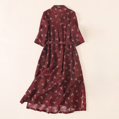 Buddha Stones Summer Printing Floral Button Lace-Up Design Half Sleeve Midi Dress With Pockets - image 1