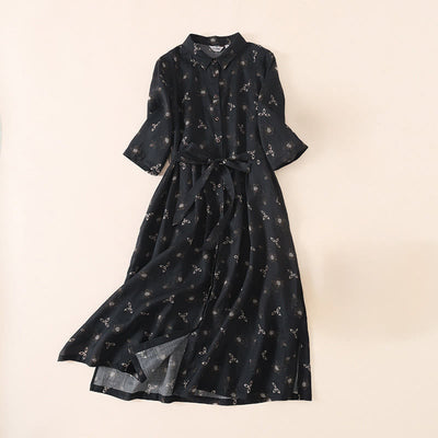 Buddha Stones Summer Printing Floral Button Lace-Up Design Half Sleeve Midi Dress With Pockets - Black - US12，UK/AU16，EU44 (3XL) - image 11