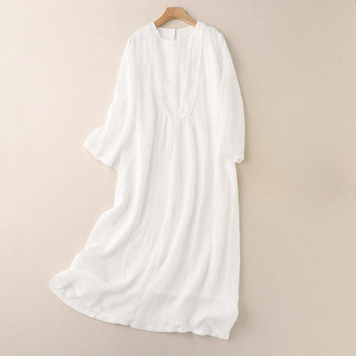Buddha Stones Commute Solid Color Embroidery Double Layer Crew Neck Long Sleeve Cotton Midi Dress - White - US8-10，UK/AU12-14，EU40-42 (2XL) - image 4
