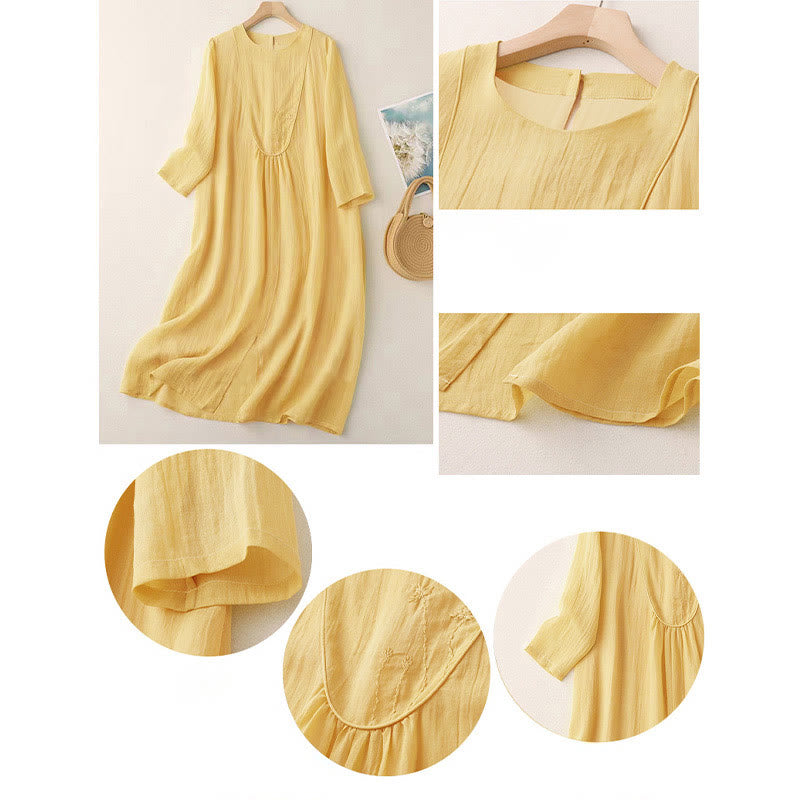 Buddha Stones Commute Solid Color Embroidery Double Layer Crew Neck Long Sleeve Cotton Midi Dress - image 3