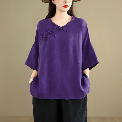 Buddha Stones Spring V-Neck Frog-Button Long Sleeve Plain Women's Cotton Shirt  - image 13