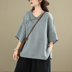 Buddha Stones Spring V-Neck Frog-Button Long Sleeve Plain Women's Cotton Shirt  - LightBlue - US8-10，UK/AU12-14，EU40-42 (2XL) - image 0