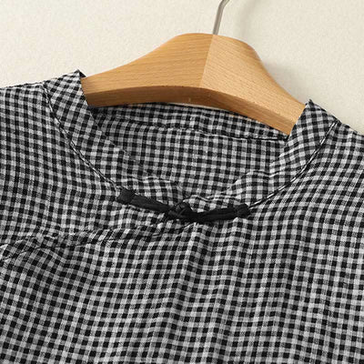 Buddha Stones Summer Crew Neck Frog-Button Short Sleeve Plaid Women's Cotton Shirt  - image 3
