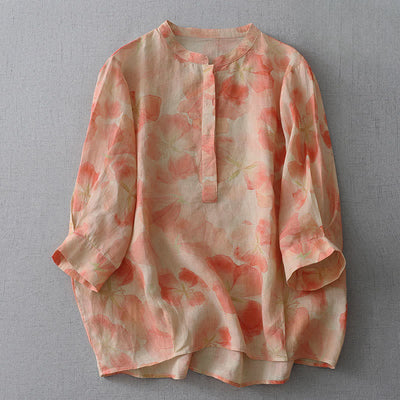 Buddha Stones Spring Floral Pattern Crew Neck Long Sleeve Women's  Polyester Shirt  - Coral - US8-10，UK/AU12-14，EU40-42 (2XL) - image 6
